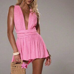 Pink Women's Vacation Textured Strap Backless Bowknot Strap Beach Resort Romper